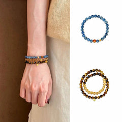 【天然石】シンプルで上品な青晶石×虎目石ブレスレット 中国風デザイン
